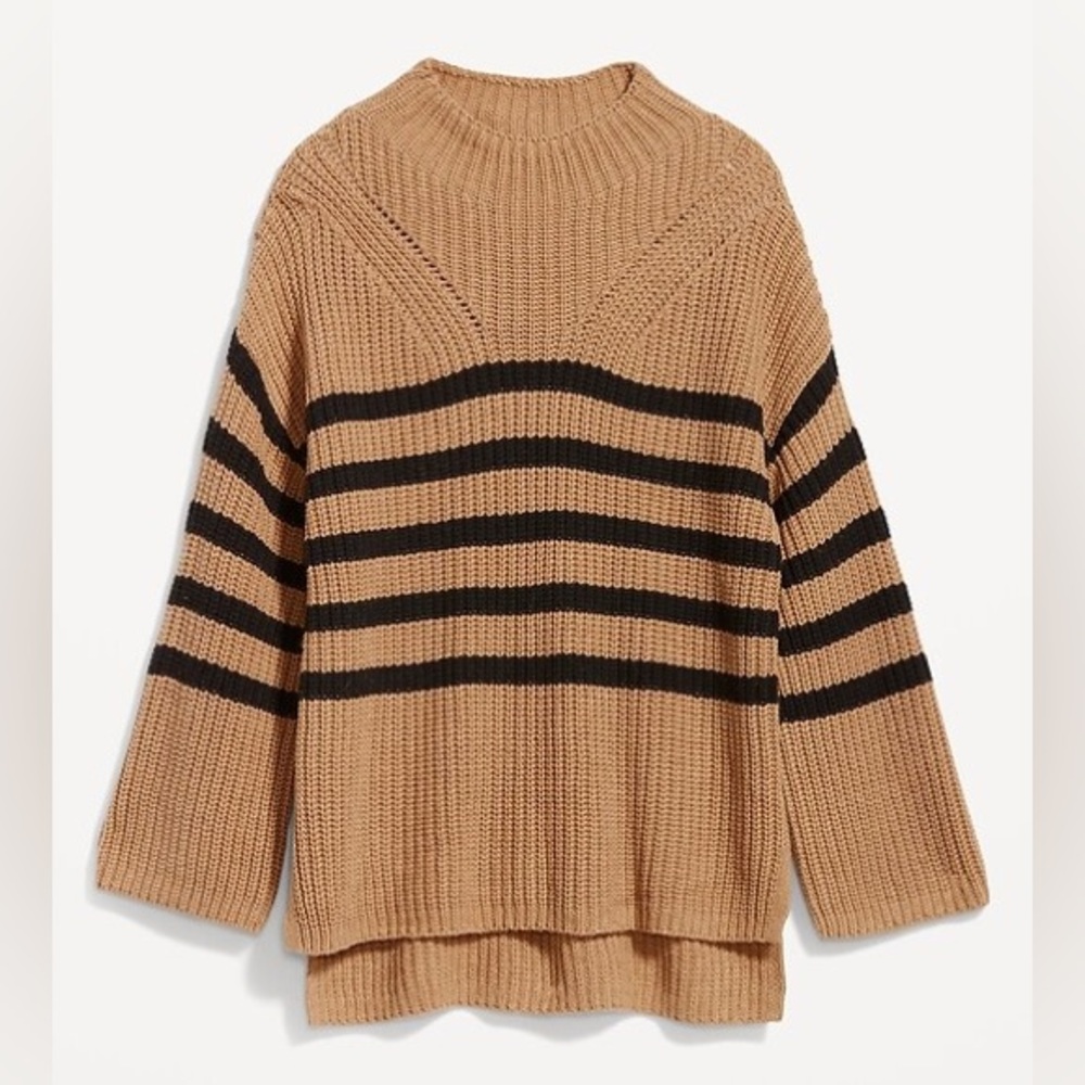 Old Navy Mock-Neck Tunic Sweater in Beige/Black Stripe